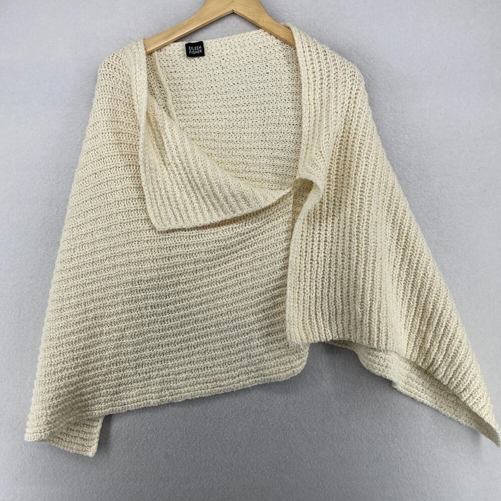 EILEEN FISHER Sweater OS Ribbed Chunky Cape Poncho Shawl One Button Off White